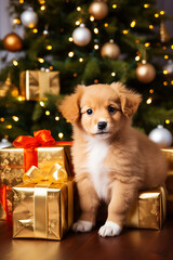 Puppy surrounded by gift boxes under a Christmas tree, getting a puppy for Christmas