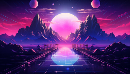 landscape with space, moon, mountains and clouds in synthwave style