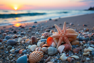 multicolor image of tranquil beach at dawn, with starfish and seashell resting on golden sands, gentle waves lapping shore, and promise of perfect summer holiday - obrazy, fototapety, plakaty