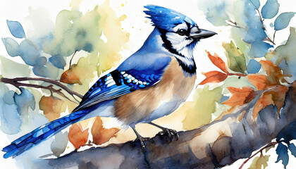 Watercolor painting of a Blue Jay perched on a branch - obrazy, fototapety, plakaty