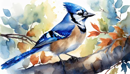 Fotobehang Watercolor painting of a Blue Jay perched on a branch © James Nesterwitz