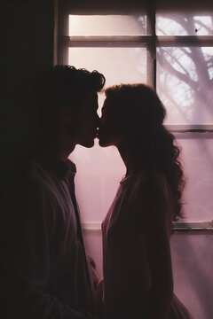 Shadow cast by a couple kissing by a window, in the style of light purple and light pink, polaroidcore, lovely