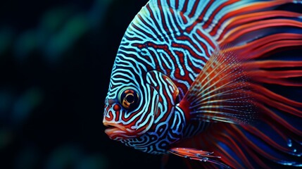 A close-up shot of a Discus Fish displaying its magnificent finnage and intricate scales in stunning