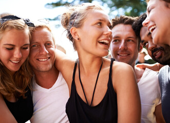 Festival friends, nature smile and people bond, friendship and happy summer conversation,...