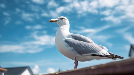 Seagull standing on a wooden pier with blue sky background
