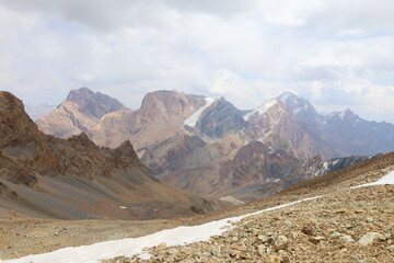 Chimtarga mountain pass landscape - highest peak of Fann mountains located between Mutnyi lake and Bolshoi Alo lake, Tajikistan