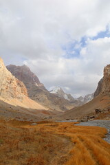 Chimtarga mountain pass landscape - highest peak of Fann mountains located between Mutnyi lake and Bolshoi Alo lake, Tajikistan