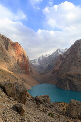 Big Allo lake surrounded with 5000 meters high peaks in Fann Mountains, in local language called Bolshoi Allo, Tajikistan