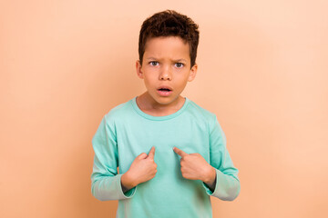 Photo of worried nervous boy wear stylish clothes two hands indicating himself ask really seriously...