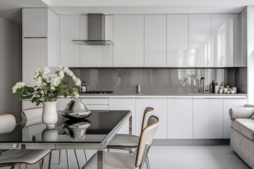 A sleek kitchen with high-gloss cabinets, clean lines, and subtle metallic accents, embodying modern Scandinavian elegance