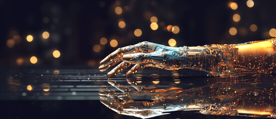 a robot hand is holding a glowing glass ball in front of a dark background, in the style of light silver and light orange, global imagery, metallic accents, les automates, lifelike figures, eco-friend - obrazy, fototapety, plakaty