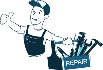 A worker in a uniform and a box with repair tools. Symbol for repair and service