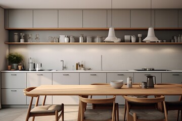 A sleek kitchen with matte finishes, open shelving, and subtle pops of color, embodying the modern simplicity of Scandinavian design