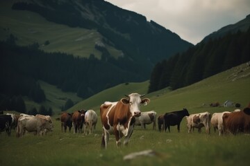 Fototapeta na wymiar Cows grazing on lush green meadows field at farmland on Alpine mountains background.