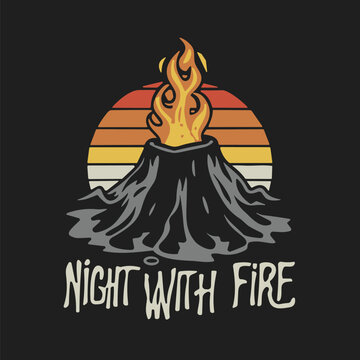 Vector T shirt Design And Printing Vintage Volcano Eruption Badge - End of Days Retro Landscape Vector with Lava and Smoke Clouds