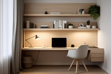 A study nook with a wall-mounted desk, efficient storage, and soft lighting, embodying Scandinavian functionality and style