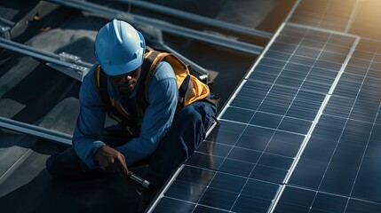 The aerial view of solar panel and engineer worker installing and checking maintain solar panel energy green system in the rooftop of building and home