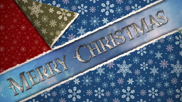 Gift Wrap Open Merry Christmas Background 4K Loop features Christmas wrapping paper being torn in a loop with a silver Merry Christmas in the center with moving clouds behind and snow falling in a loo