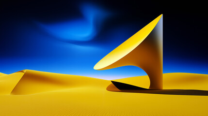 Yellow funnel in the desert and blue sky and cloud in the background.Concept of abstract art. AI generated.