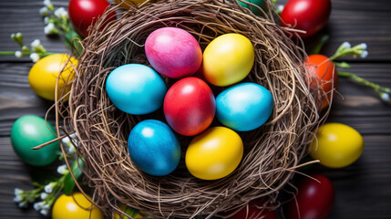 Fototapeta na wymiar easter eggs in a basket HD 8K wallpaper Stock Photographic Image 