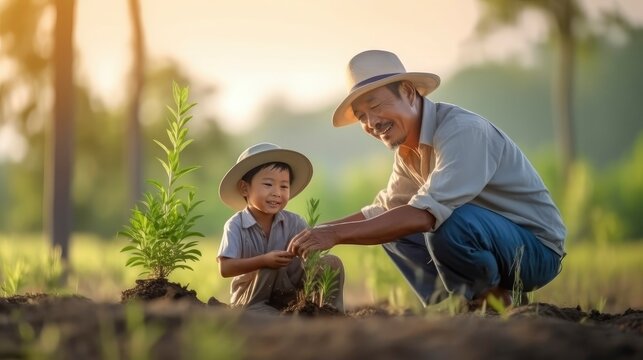 Happy father and son planting trees - Powered by Adobe