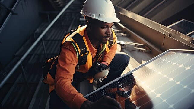The aerial view of solar panel and engineer worker installing and checking maintain solar panel energy green system in the rooftop of building and home
