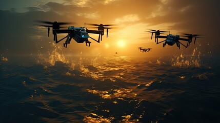 Naklejka premium a hundred military drone battle over sea