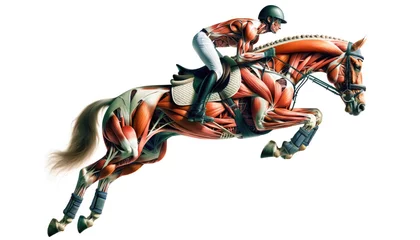 Tuinposter Illustration of Dummies figure anatomical man and animal in Equestrian sport. details of Muscles on the Jokey and sports horse. Generative Ai. © angellodeco