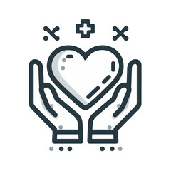 Heart symbol holding hands, charity icon concept. Outline style icon in white, gray and black. Love icon. Symbol of health and medicine. Vector design with no background