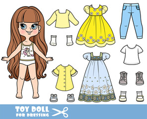 Cartoon long haired brunette girl and clothes separately - summer dresses, tunic, boots, long sleeve, jeans and sneakers doll for dressing