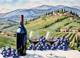 A bottle of grape wine on the background of fields and mountains. Watercolor drawing. - obrazy, fototapety, plakaty