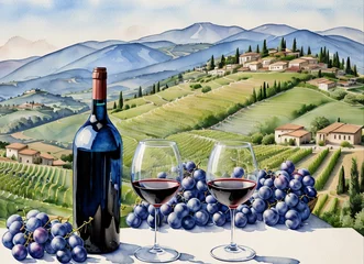 Fotobehang A bottle of grape wine on the background of fields and mountains. Watercolor drawing. © Станислав Щербак