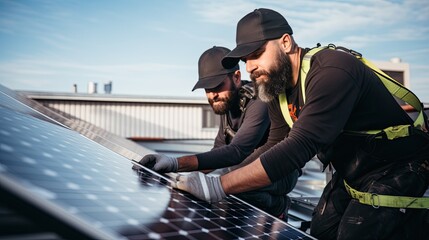 Fototapeta premium The aerial view of solar panel and engineer worker installing and checking maintain solar panel energy green system in the rooftop of building and home