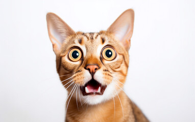 Obraz premium Tight close-up of a cat with shocked look, open mouth and big wide eyes. Isolated on white background