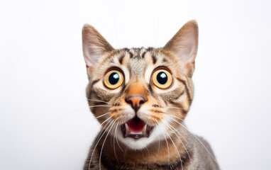 Tight close-up of a cat with shocked look, open mouth and big wide eyes. Isolated on white background