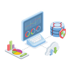 Graphs and diagrams, screen, analytics and graphs, settings, databases, cloud technologies. Vector 3d isometric, color web icons, new flat style. Creative design idea for infographics.