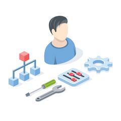 User account, internet, network maintenance, gear and tools. Vector 3d isometric, color web icons, new flat style. Creative design idea for infographics.