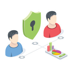 Users, clients, information security shield, lock closed, graphics analytics. Vector 3d isometric, color web icons, new flat style. Creative design idea for infographics.