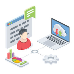 User account, chat window, cloud technology, data transfer, graphs and analytics, gear. Vector 3d isometric, color web icons, new flat style. Creative design idea for infographics.