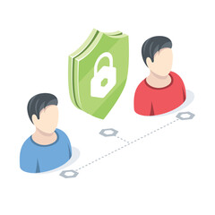 Users, clients, information security shield, padlock closed. Vector 3d isometric, color web icons, new flat style. Creative design idea for infographics.