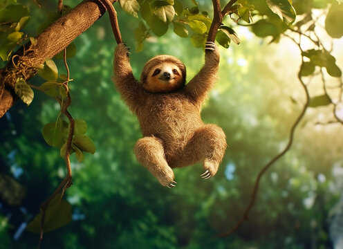 Niedliches Faultier schwingt an einem Ast