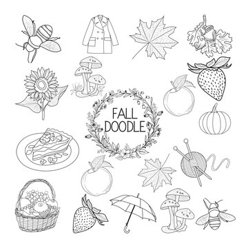 set of hand-drawn fall Doodle illustrations