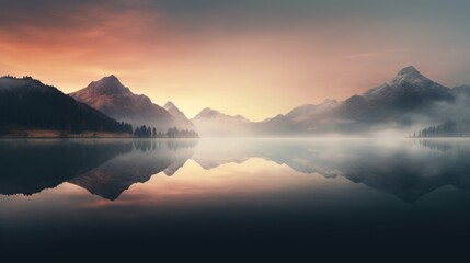 A sunset over a calm lake, colorful reflections on the water, mountains on the background, landscape photography, wallpaper