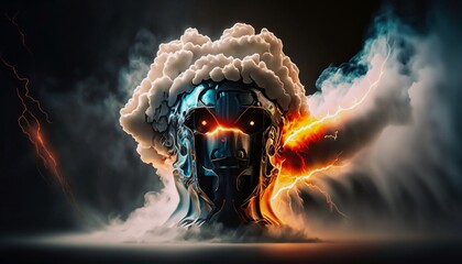 illustrated robot face with cross-country skis and smoke suitable as a background