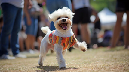 funny dog pug in clothes and sunglasses dancing outdoors at a music festival