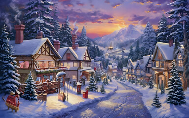 Snowy landscape with a quaint village or town