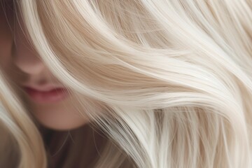 Naklejka premium Blond Hair very closeup view, hair closeup shoot, Women's long blonde hair. Beautifully styled wavy shiny curls