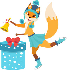Christmas story time. A fox on ice skates rings a bell near a gift. Christmas and New Year vector composition.