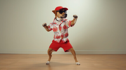 funny dog in clothes and sunglasses dancing at home