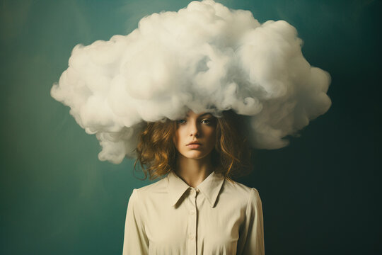 Woman with head in cloud, depression, trauma, loneliness and mental health, brain fog by dementia, social issue and shyness